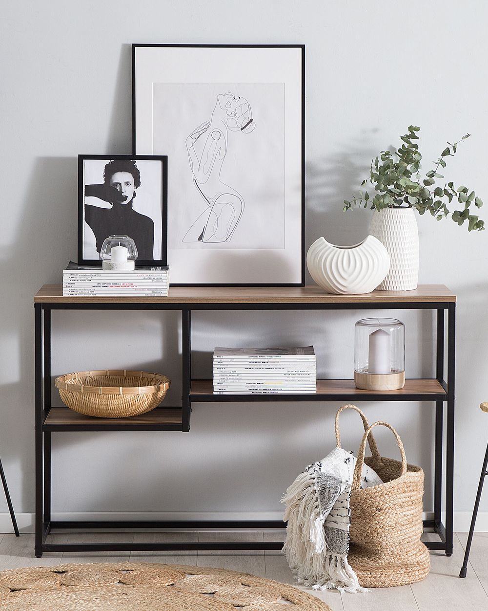 Consolle con 2 Ripiani Legno Scuro con Gambe Nere 75 x 120 cm Stile Industriale