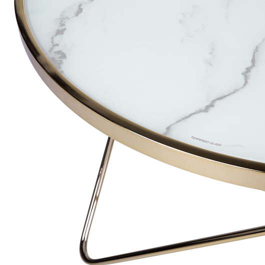 Tavolino da Salotto con Piano in Vetro Temperato Effetto Marmo Bianco Gambe a Forcella in Metallo Dorato di Forma Rotonda