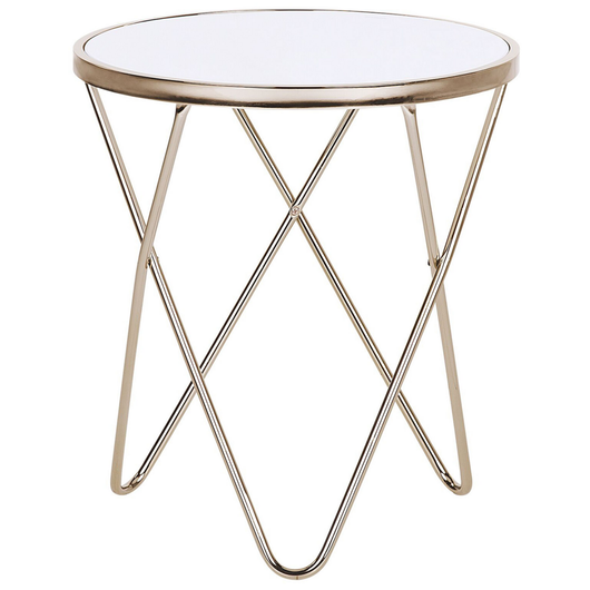 Tavolino Bianco Piano In Vetro Temperato Gambe A Forcella In Metallo Dorato Forma Rotonda