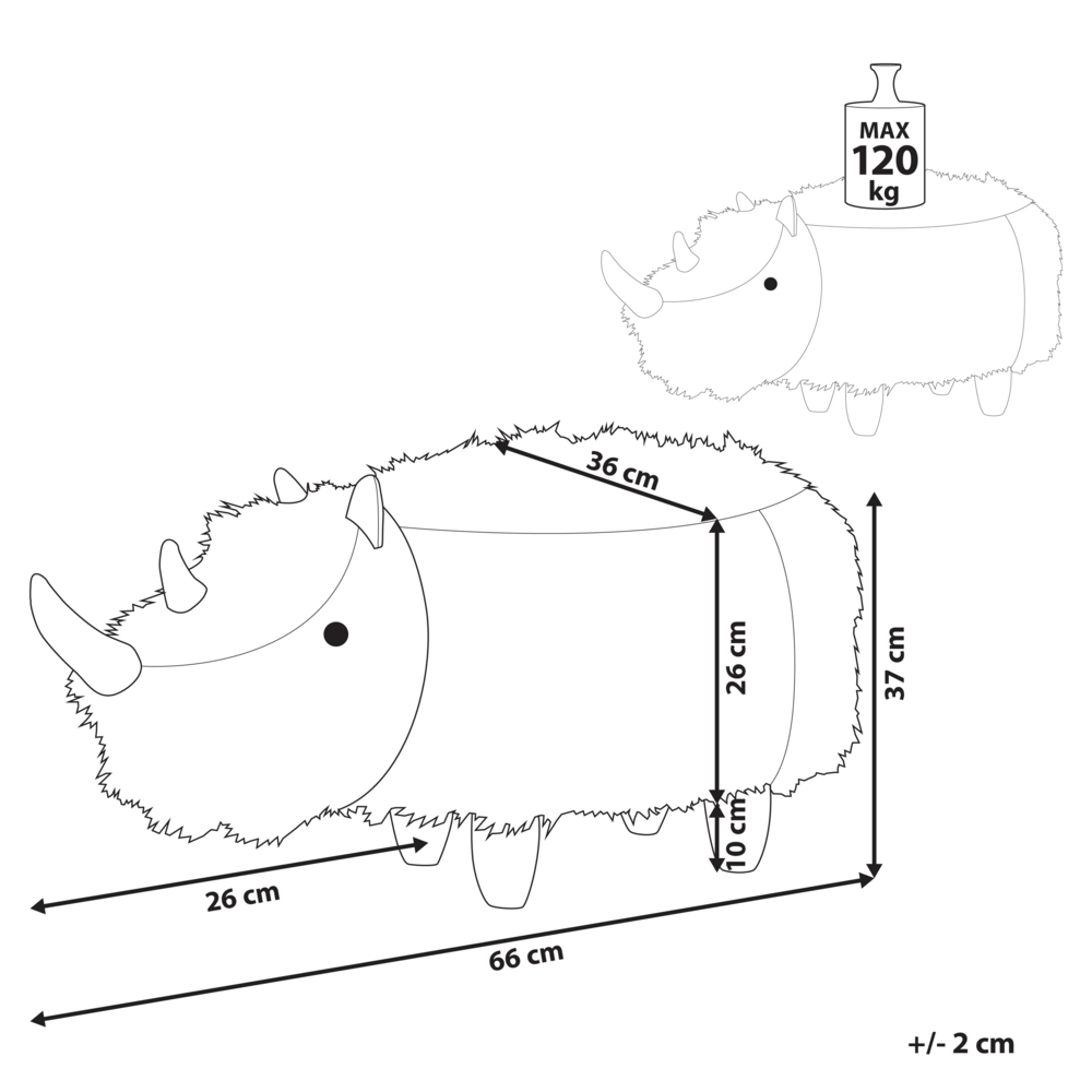 Sgabello per bambini con animali Rhino Sand Beige Pelliccia sintetica con gambe in legno imbottite Poggiapiedi per la cameretta dei bambini