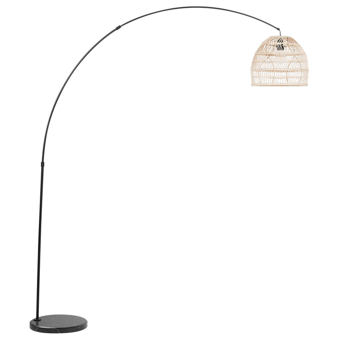 Lampada da Terra Arco in Metallo Nero 195 cm con Paralume in Rattan