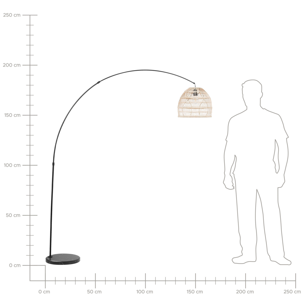 Lampada da Terra Arco in Metallo Nero 195 cm con Paralume in Rattan