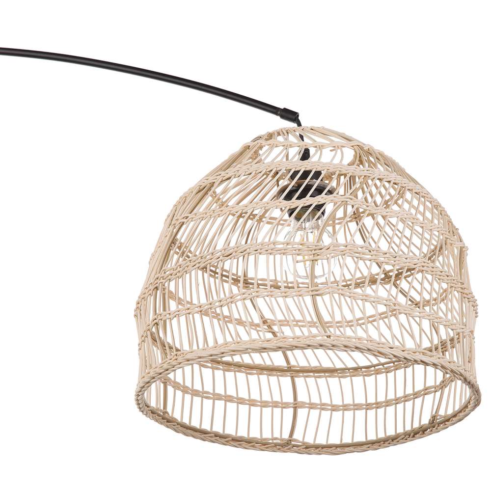 Lampada da Terra Arco in Metallo Nero 195 cm con Paralume in Rattan