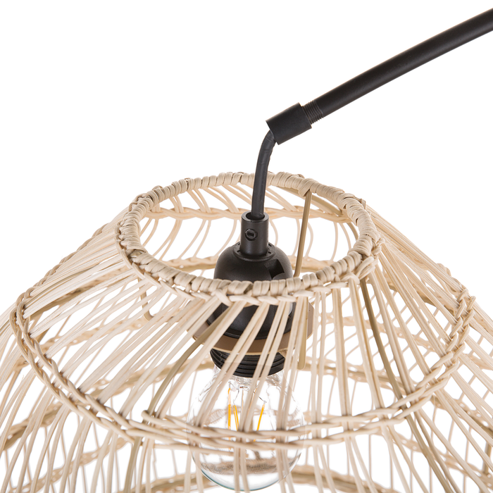 Lampada da Terra Arco in Metallo Nero 195 cm con Paralume in Rattan