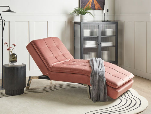 Chaise longue Velluto Rosa capitonné Schienale e Gambe Regolabili Modern Glam