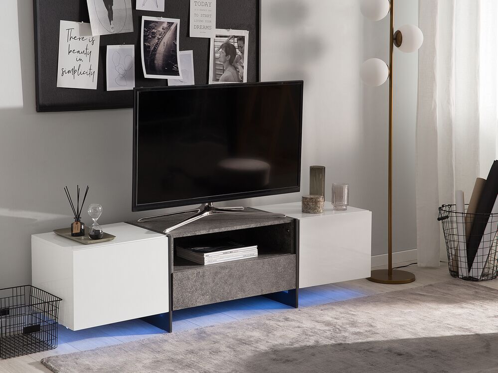 Mobile TV Effetto Cemento e impiallacciato Bianco con Luce LED Scaffale Contenitori Cassettiere Industriali