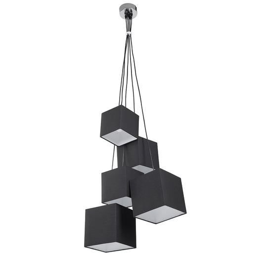 Lampada a sospensione a grappolo a 5 luci nera con paralumi in tessuto quadrato