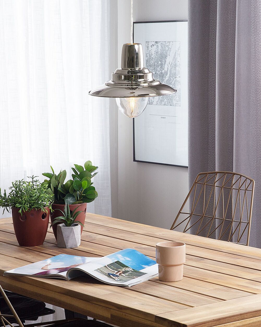 Lampada a Sospensione da Soffitto Paralume in Metallo Argento Lampadina Nuda Industriale