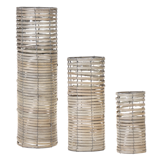 Set di 3 portacandele in legno di pioppo chiaro portacandele in vetro varie misure design boho quadrato alto