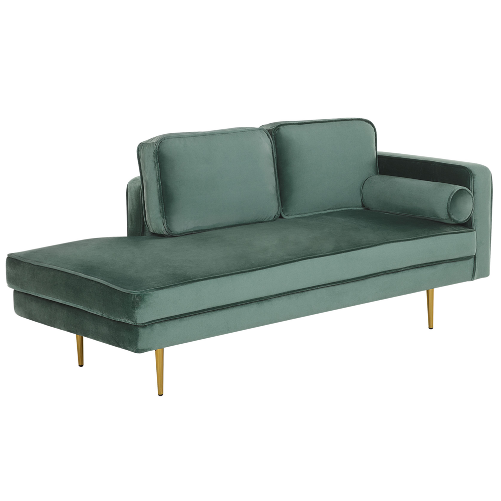 Chaise longue Verde Menta Velluto Imbottito Orientamento versione destra Gambe In Metallo Rafforzamento Cuscino Design Moderno