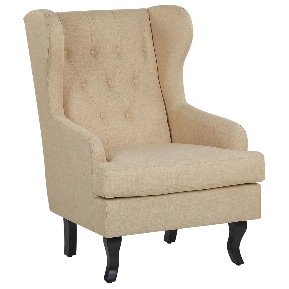 Poltrona Sedia Wingback Beige Gambe Nere Rivestite Stile Scandinavo
