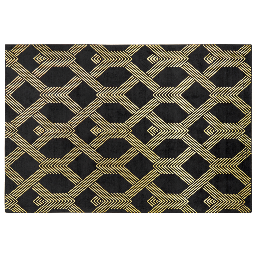 Tappeto Nero con Motivo Geometrico dorato Viscosa e Cotone 160 x 230 cm Stile Modern Glam