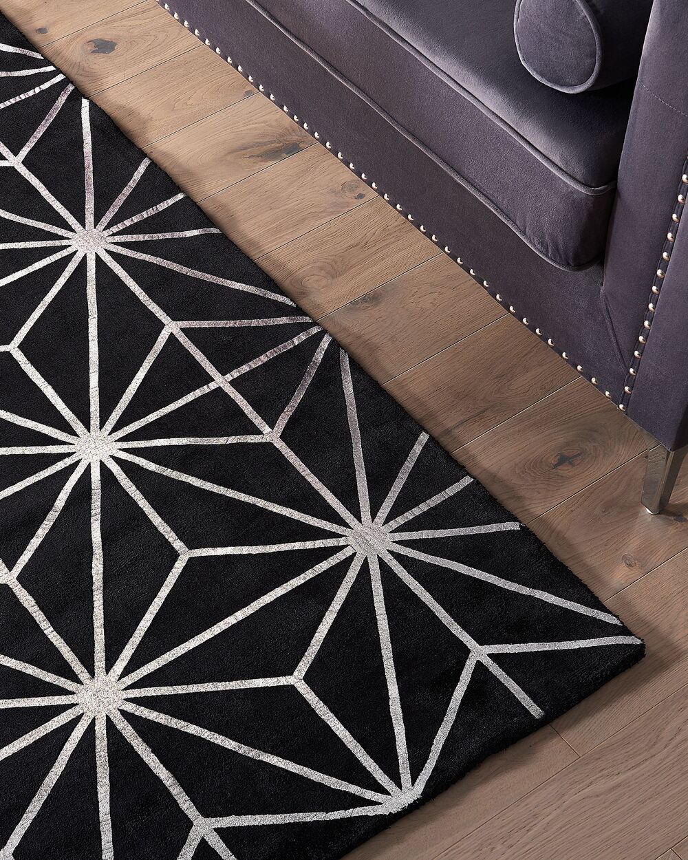 Tappeto tappetino Nero e Argento Motivo Geometrico Viscosa e Cotone 160 x 230 cm Tessuto a Mano Moderno Stile Glam Soggiorno Camera da Letto
