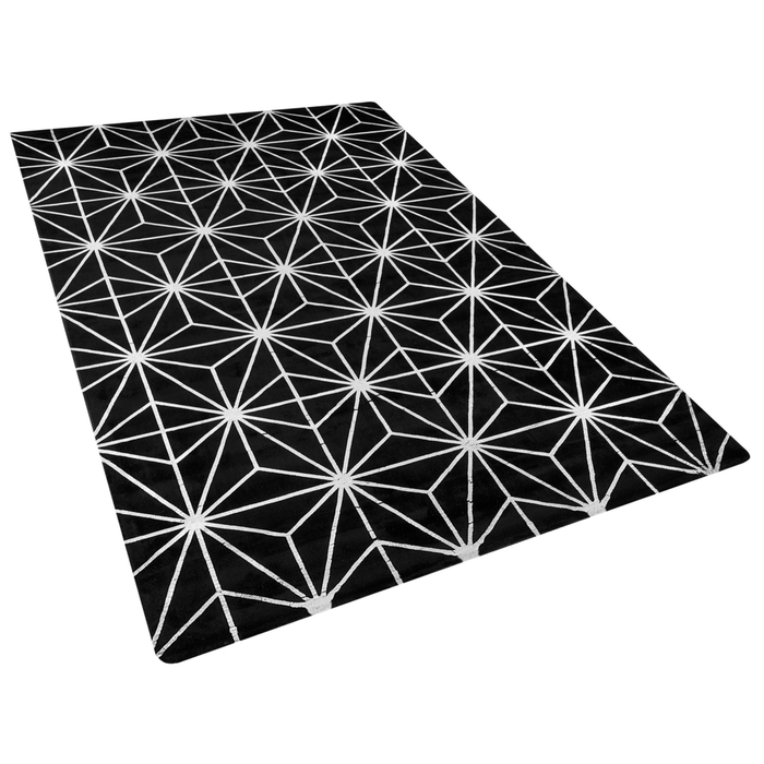 Tappeto tappetino Nero e Argento Motivo Geometrico Viscosa e Cotone 160 x 230 cm Tessuto a Mano Moderno Stile Glam Soggiorno Camera da Letto