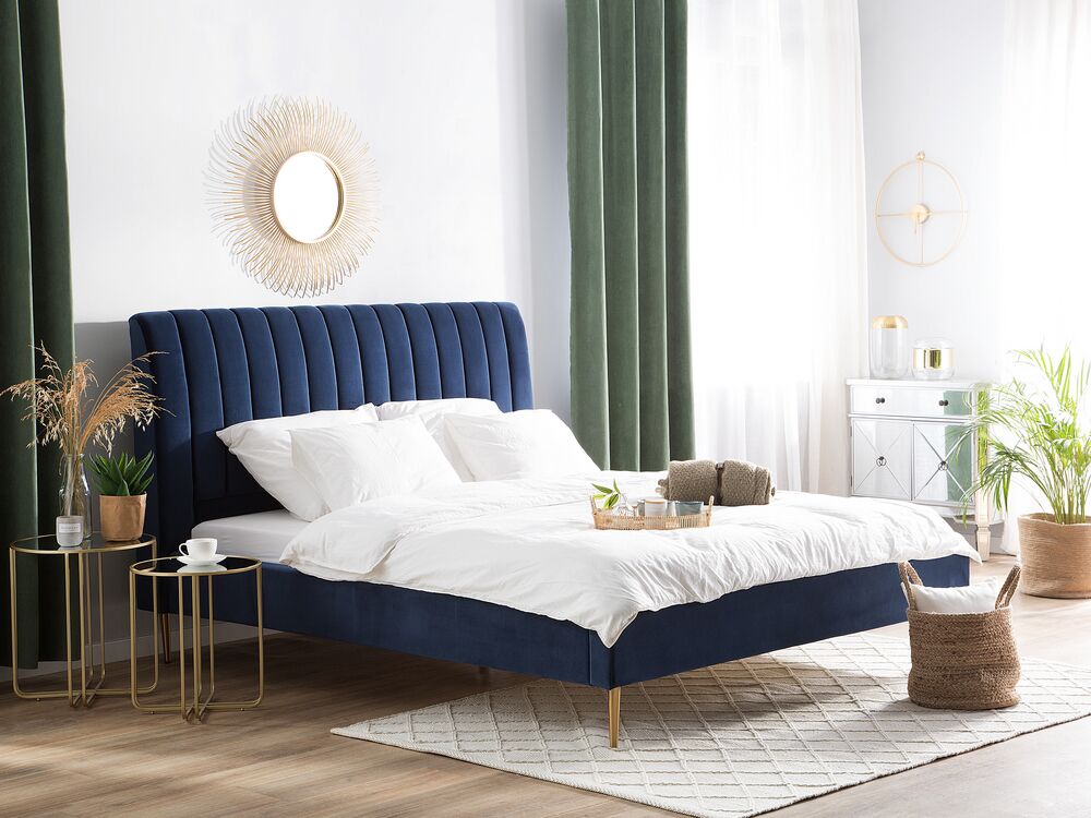 Letto imbottito velluto blu scuro e oro rete a doghe testiera alta 180 x 200 cm testata alta design retrò