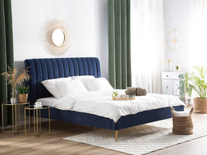 Letto imbottito velluto blu scuro e oro rete a doghe testiera alta 180 x 200 cm testata alta design retrò