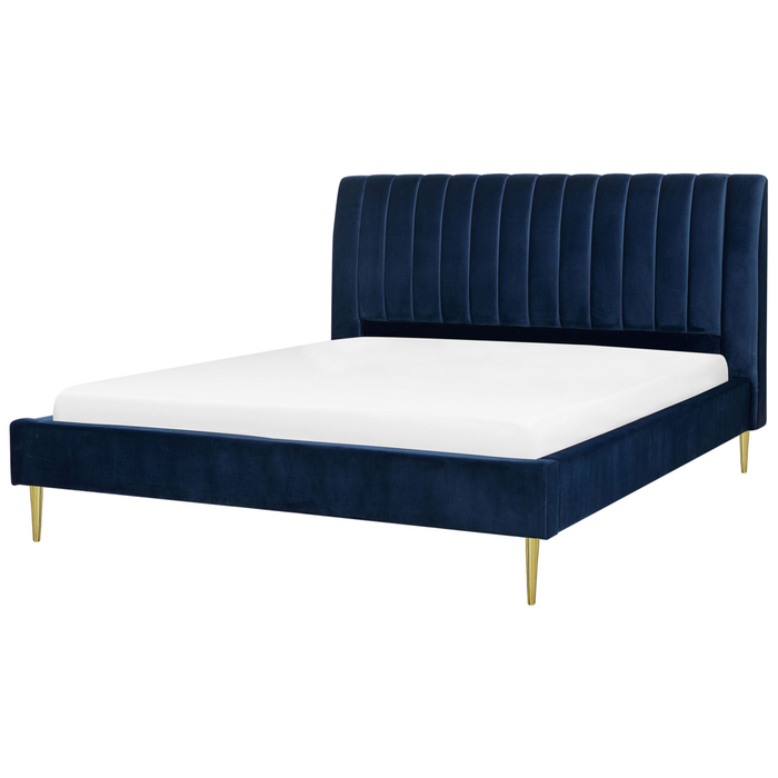 Letto imbottito velluto blu scuro e oro rete a doghe testiera alta 180 x 200 cm testata alta design retrò