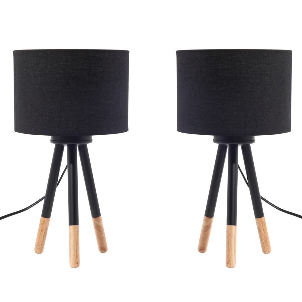 Set di 2 Lampade da Tavolo in Metallo Nero 40H cm Base Treppiede in Legno Paralume in Tessuto Nero Moderne