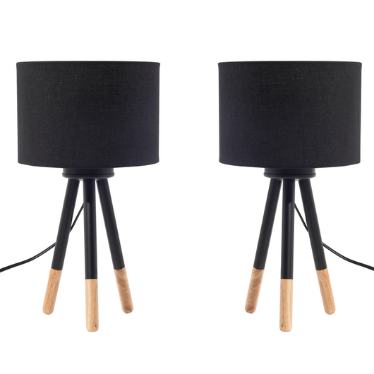 Set di 2 Lampade da Tavolo in Metallo Nero 40H cm Base Treppiede in Legno Paralume in Tessuto Nero Moderne