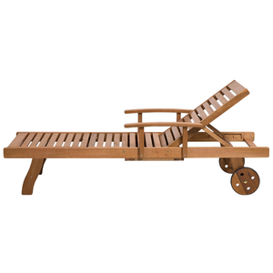 Lettino da giardino in legno di acacia chiaro con cuscino blu e beige resistente agli agenti atmosferici reclinabile con ruote