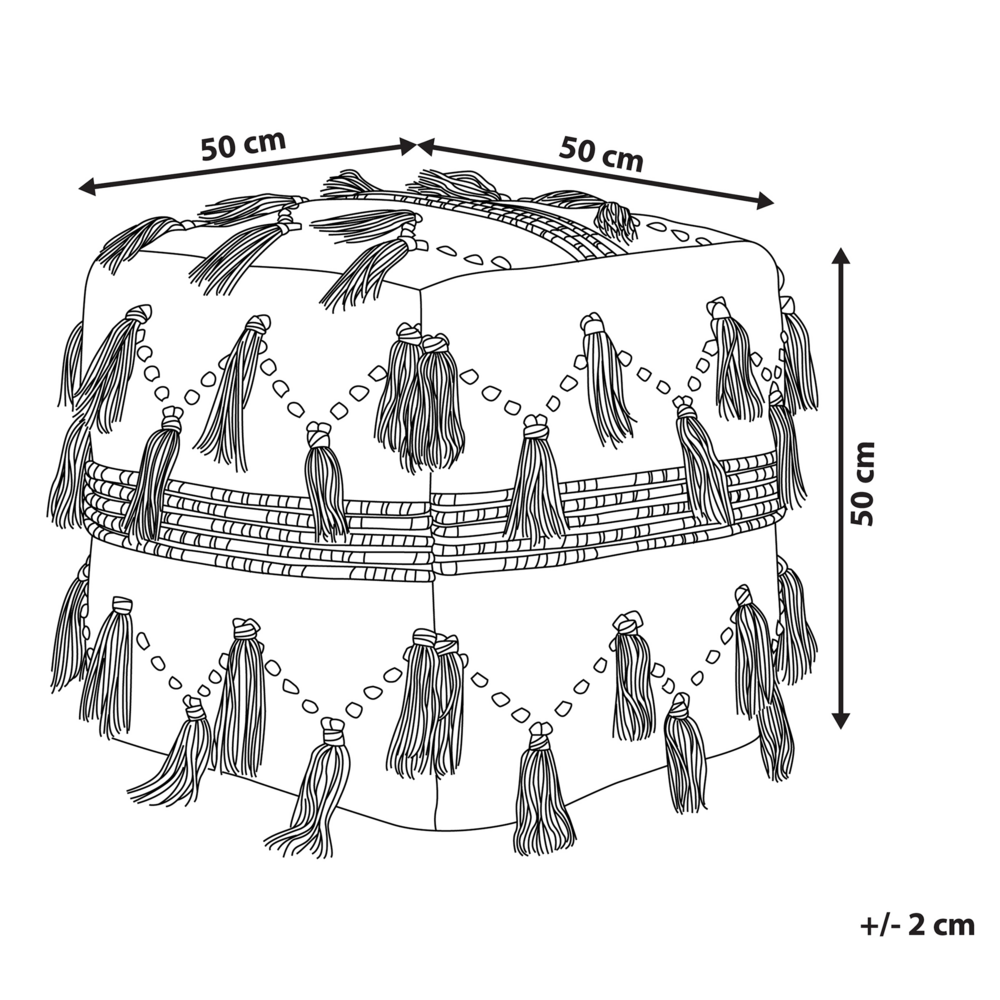 Pouf beige con nappe decorative in maglia di cotone Nero Boho Design