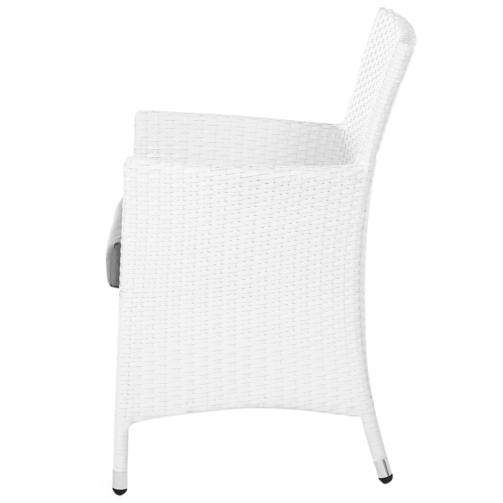Set di 2 sedie da pranzo da giardino bianche con cuscino in finto rattan grigio. per esterni