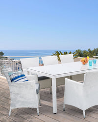 Set di 2 sedie da pranzo da giardino bianche con cuscino in finto rattan grigio. per esterni