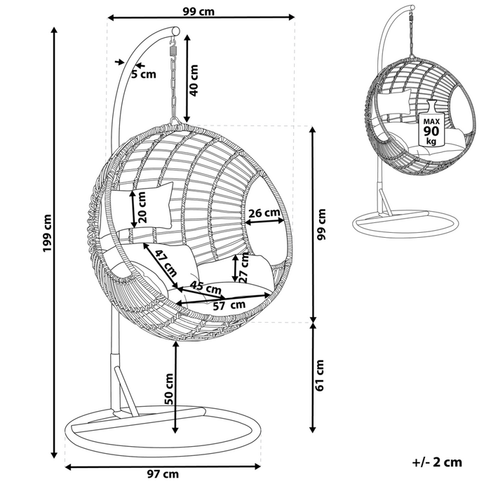 Sedia sospesa poltrona pensile Cestino di vimini rotondo in rattan Nero con cuscini Struttura in metallo Boho