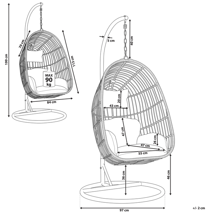 Sedia sospesa poltrona pensile in rattan beige con struttura in metallo a forma di uovo per interni ed esterni Boho