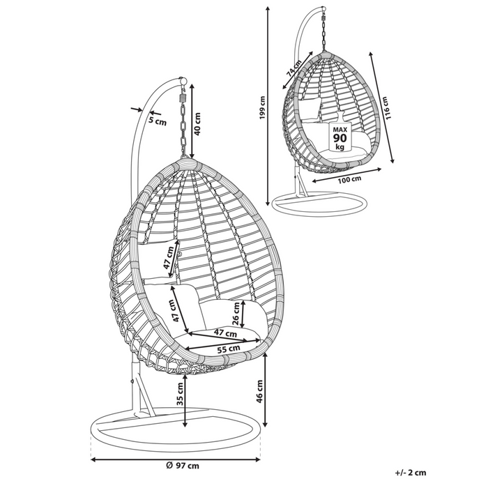 Sedia sospesa poltrona pensile in rattan Nero con struttura in metallo per interni ed esterni a forma di uovo moderna Boho