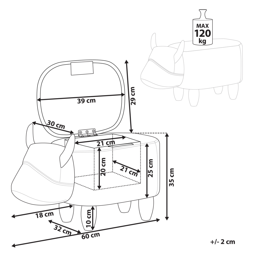 Sgabello per bambini Animale Mucca con contenitore in ecopelle marrone con gambe in legno Poggiapiedi per la scuola materna