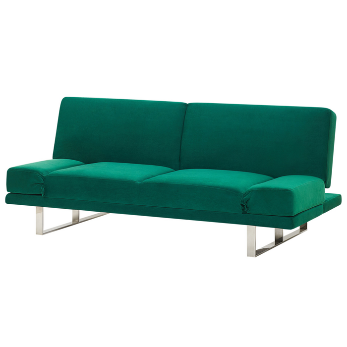Divano Letto Rivestimento Velluto Verde 3 Posti Meccanismo Click Clack Braccioli Regolabili