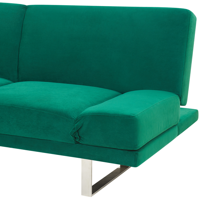 Divano Letto Rivestimento Velluto Verde 3 Posti Meccanismo Click Clack Braccioli Regolabili