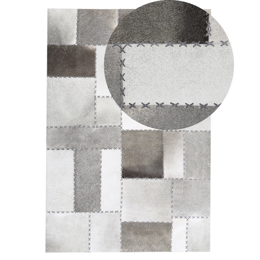 Tappeto tappetino Pelle Bovina Marrone e Grigio 140 x 200 cm Patchwork Artigianale Vintage