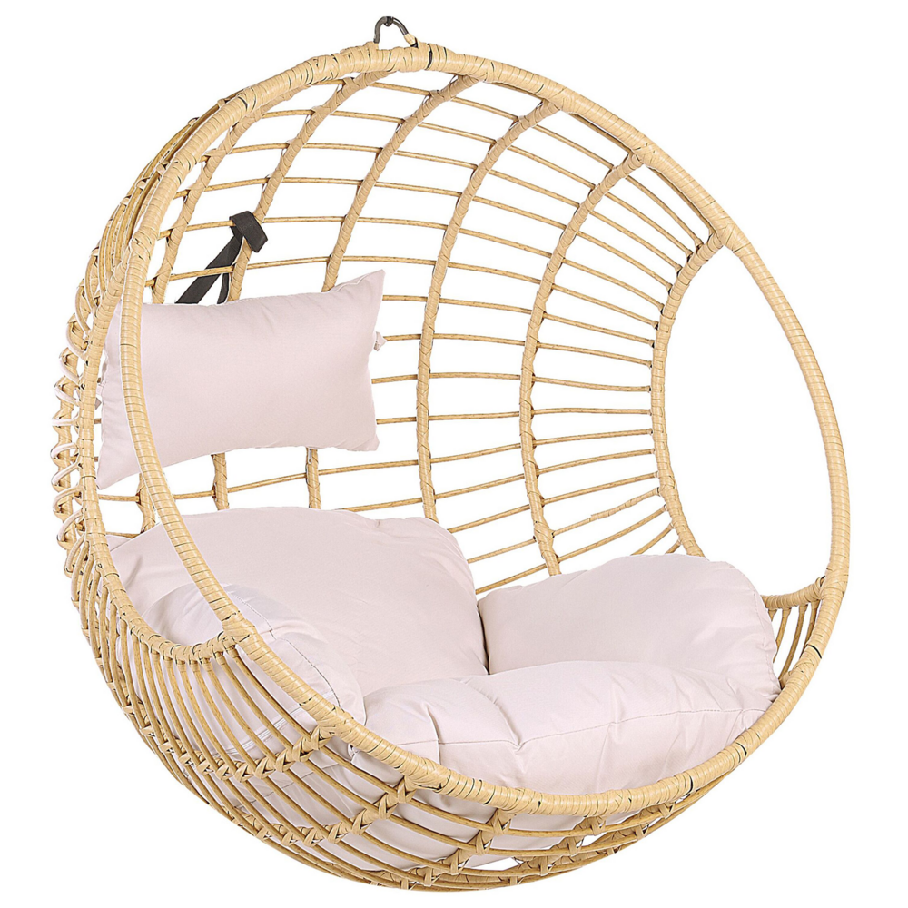 Sedia sospesa poltrona pensile Cestino di vimini rotondo in rattan beige senza supporto con cuscini Boho