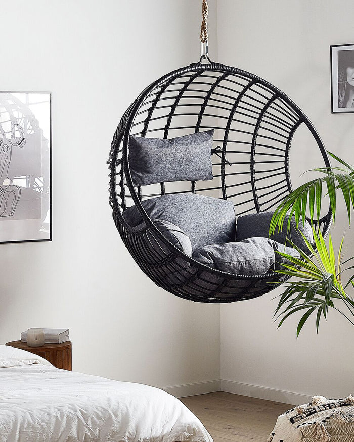 Sedia sospesa poltrona pensile Cestino di vimini rotondo in rattan Nero senza supporto con cuscini Boho
