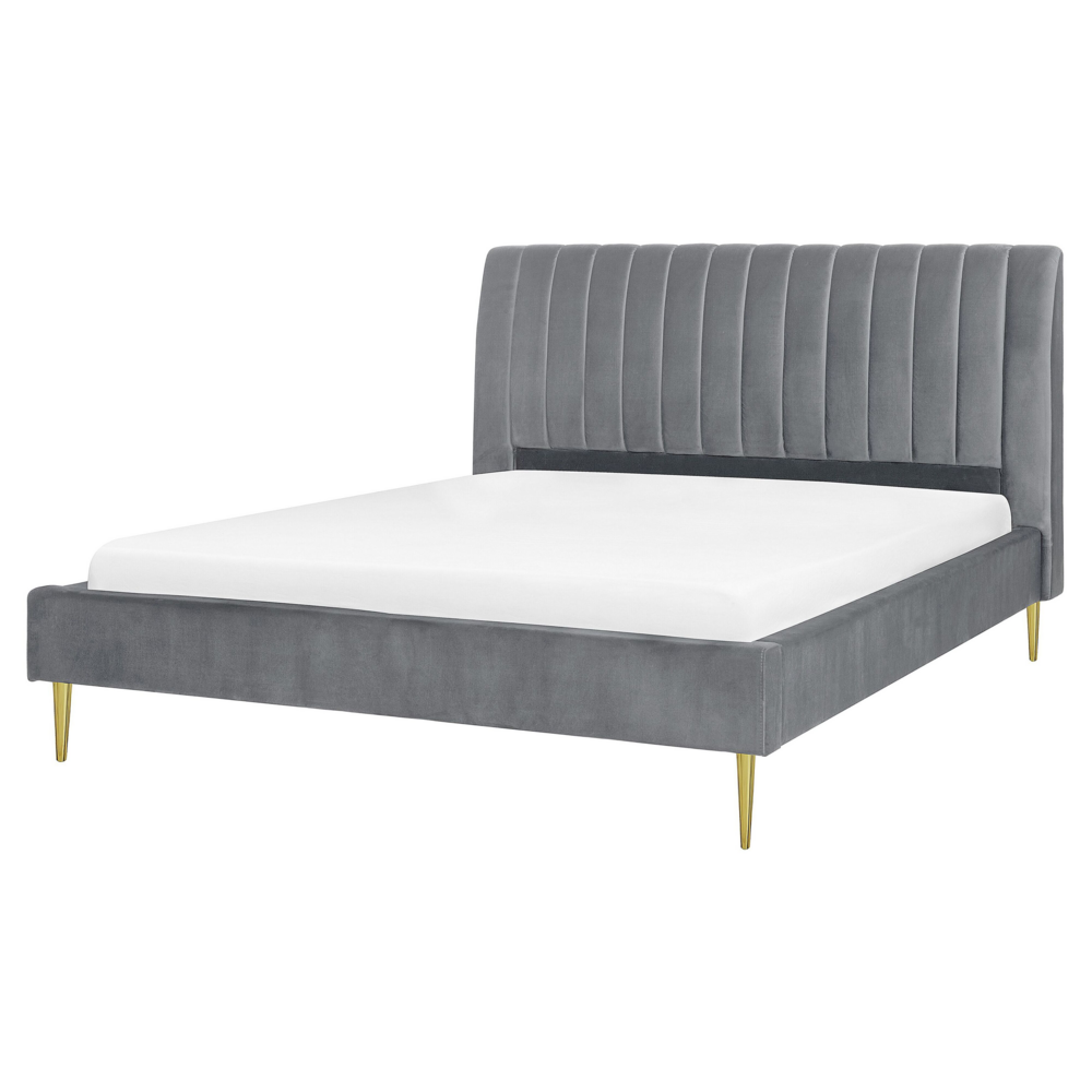 Letto imbottito velluto grigio e oro rete a doghe testiera alta 160 x 200 cm testata alta design retrò