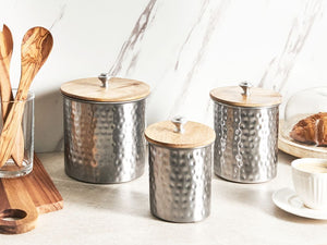 Set di 3 contenitori decorativi barattoli in alluminio argento con coperchi in legno
