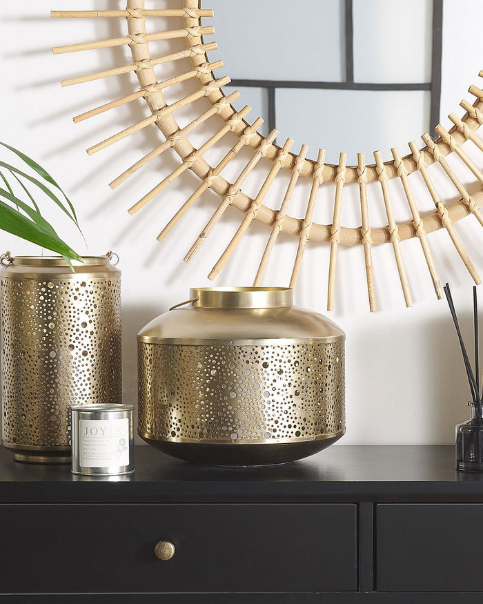 Lanterna in Metallo dorato Ferro con Fori H 22 cm Portacandele a Colonna