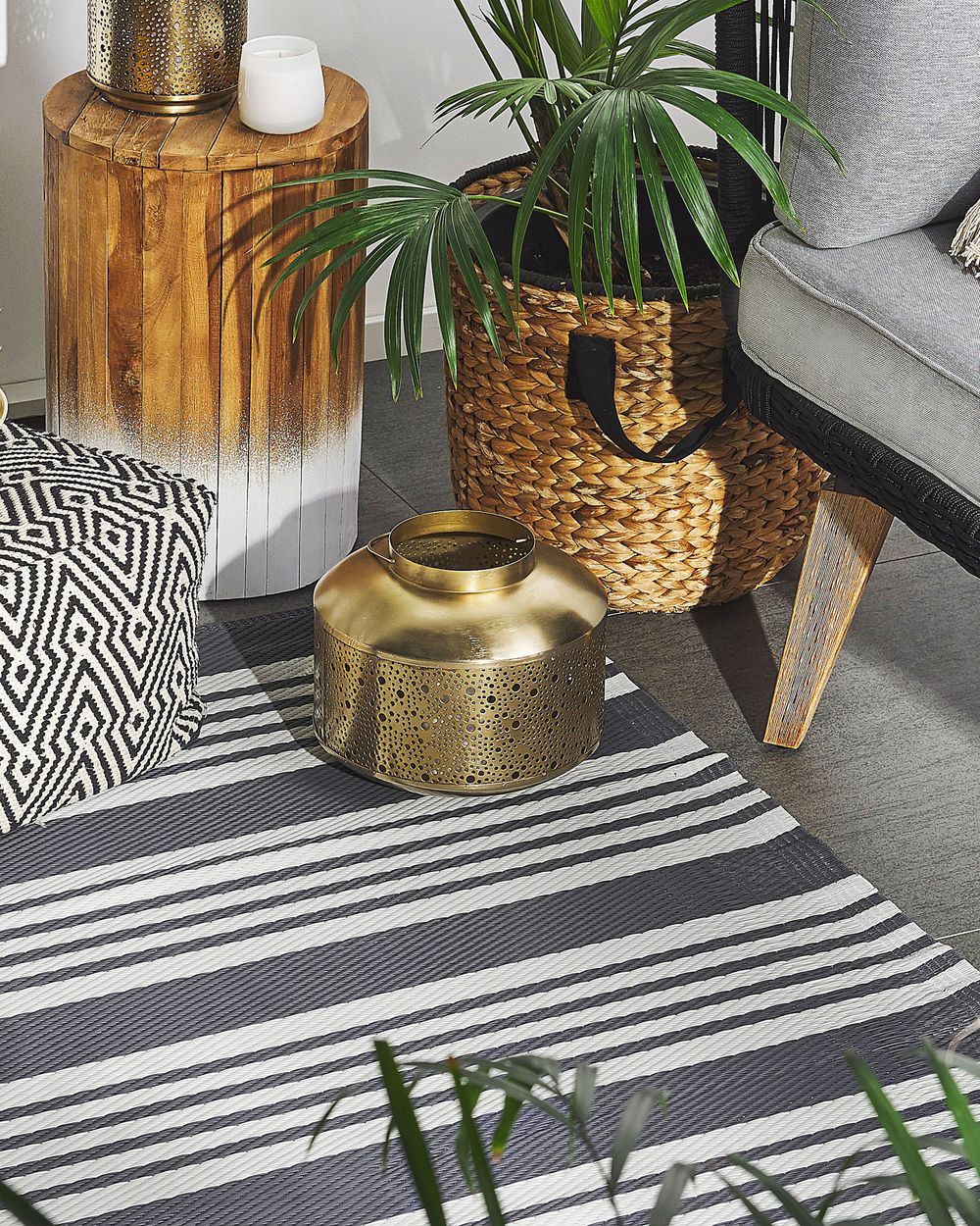 Tappeto da esterno Mat Nero e Grigio Chiaro Sintetico 120 x 180 cm Motivo Rigato Moderno