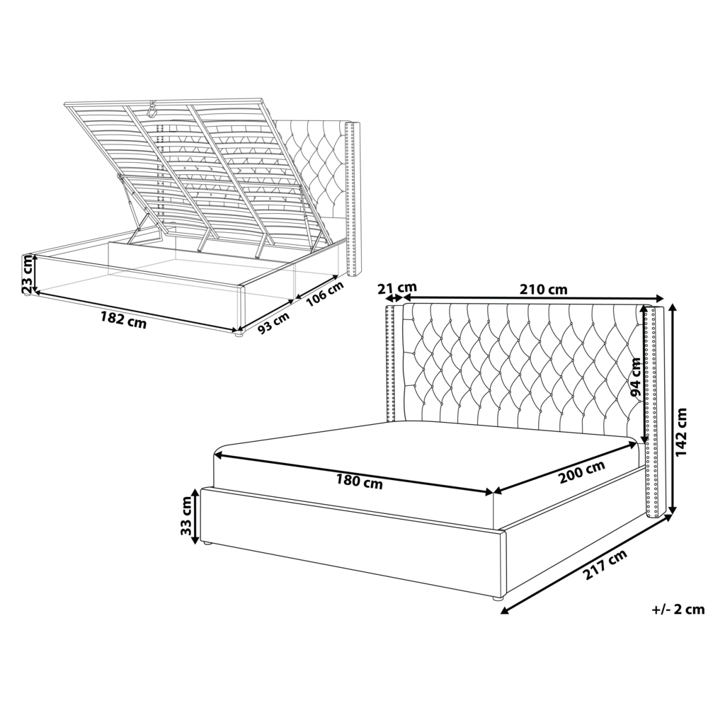 Letto con contenitore in velluto beige imbottito con testiera alta 18 m Super King Size