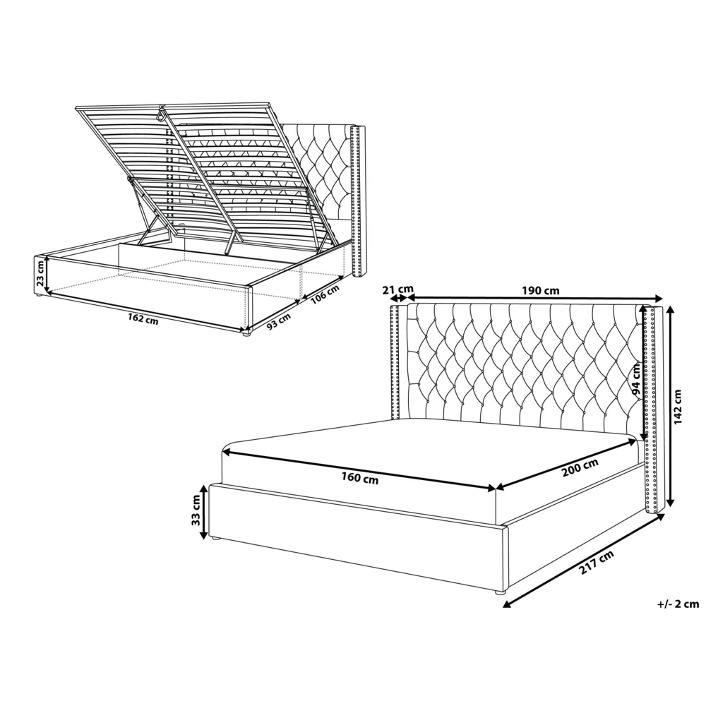 Letto con contenitore in velluto grigio imbottito con testiera alta 160 x 200 cm