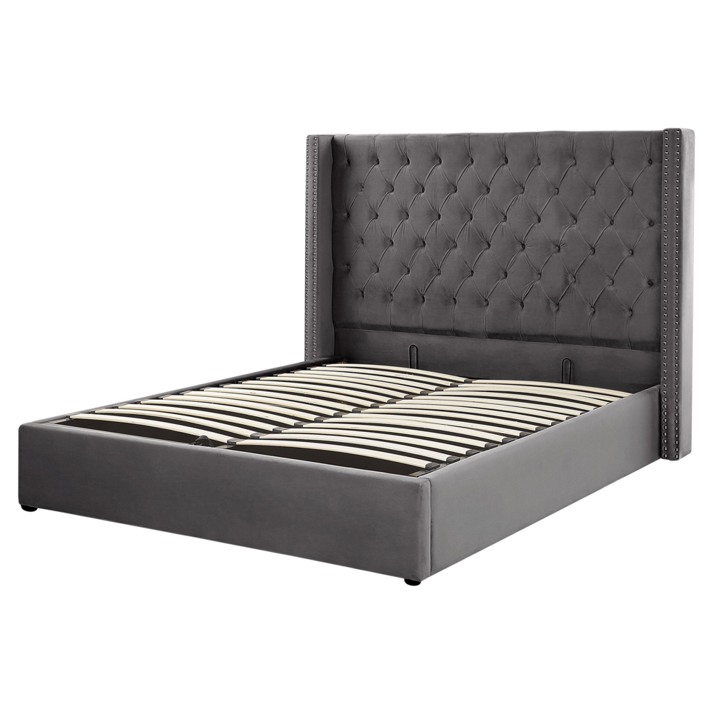 Letto con contenitore in velluto grigio imbottito con testiera alta 160 x 200 cm