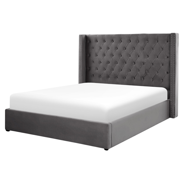 Letto con contenitore in velluto grigio imbottito con testiera alta 160 x 200 cm