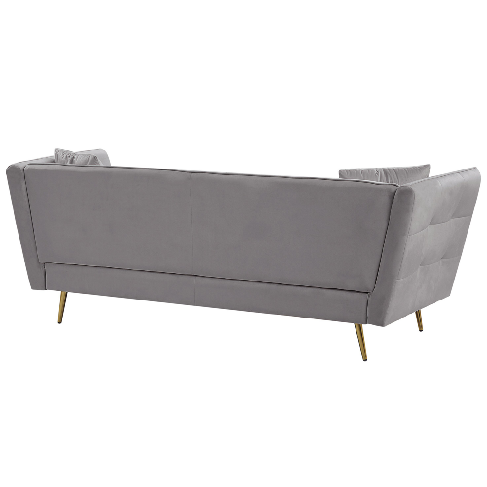 Divano a 3 posti con rivestimento in tessuto di velluto grigio capitonné con gambe dorate