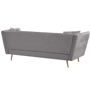 Divano a 3 posti con rivestimento in tessuto di velluto grigio capitonné con gambe dorate