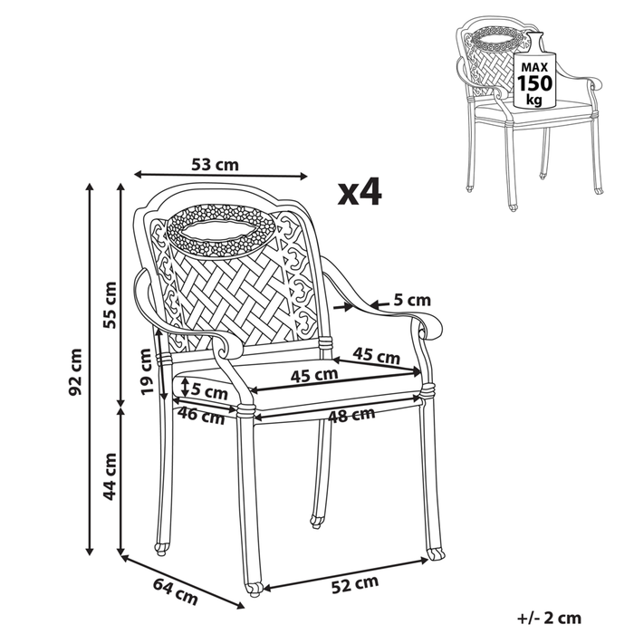 Set di 4 sedie da pranzo da giardino in alluminio marrone beige cuscini per sedili in poliestere vintage