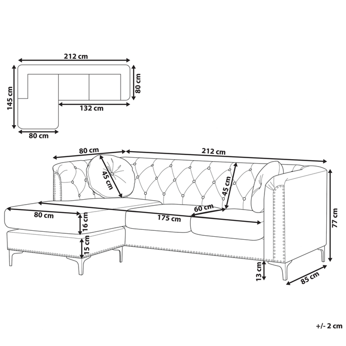 Divano ad angolo in velluto grigio imbottito a 3 posti destra glamour a forma di L cuscini aggiuntivi con trapuntatura e finiture a chiodo
