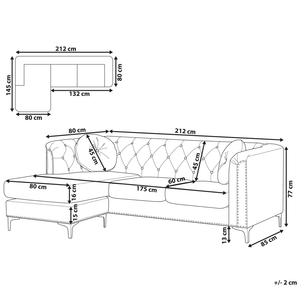 Divano ad angolo in velluto Nero imbottito a 3 posti destra con cuscini aggiuntivi glamour a forma di L con trapuntatura e finiture a chiodo