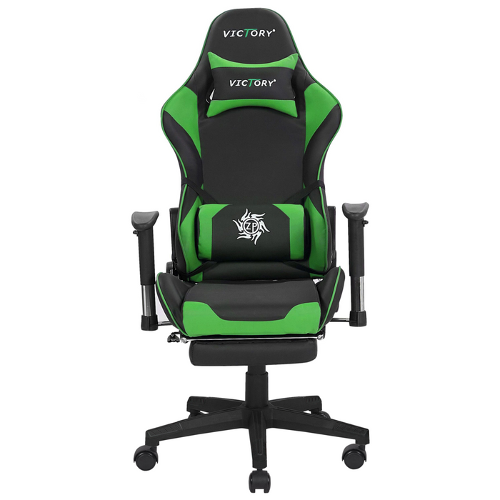 Sedia da gaming in ecopelle nera e verde con braccioli girevoli regolabili e poggiapiedi in altezza moderna